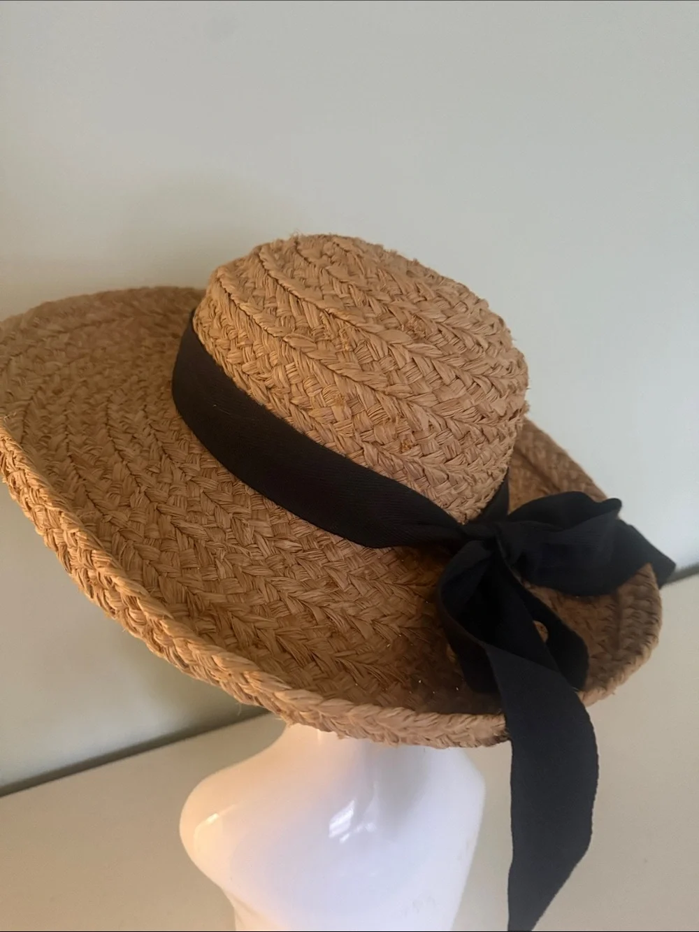 Helen Kaminski Wide-Brim Woven Rafia Hat with Black Ribbon